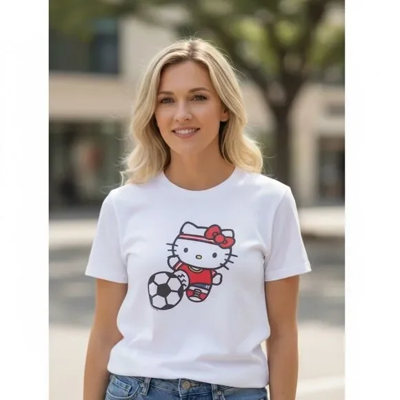 Hello Kitty Sanrio Soccer Graphic T-Shirt Unisex Adults Size L White - Picture 2 of 5